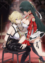 Rule 34 | 2girls, absurdres, arm belt, astra yao, bare shoulders, barefoot, black gloves, black hair, black pants, blonde hair, breasts, chinese commentary, closed mouth, commentary request, cuffs, dress, earrings, evelyn chevalier, eye contact, gloves, gokusaishiki (1376145360), hairband, handcuffs, high-waist pants, high heels, highres, holding, holding leash, jewelry, large breasts, leash, leg between thighs, long hair, looking at another, mole, mole under eye, multiple girls, necktie, no jacket, pants, purple eyes, red eyes, shirt, short hair, sitting, smile, strapless, strapless dress, tight clothes, tight pants, white dress, white hairband, white shirt, yellow necktie, yuri, zenless zone zero