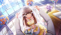 1girl blue_flower blurry book bridal_veil brown_eyes brown_hair cinderella_series closed_mouth cloud collarbone depth_of_field dress dutch_angle earrings elbow_gloves film_grain flower game_cg gloves grey_jacket hachigatsu_no_cinderella_nine hair_flower hair_ornament highres holding_veil indoors jacket jewelry light_particles light_rays long_hair looking_at_viewer necklace non-web_source official_art own_hands_clasped own_hands_together pov pov_hands rose sky smile solo_focus strapless strapless_dress sunbeam sunlight ukita_akane veil wedding wedding_dress white_flower white_gloves white_rose window yellow_dress yellow_flower yellow_rose