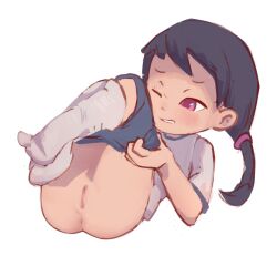 1girl anus ass black_hair clothes_pull female_focus gym_uniform legs_up loli lying on_back one_eye_closed original orphira pink_eyes pulling_own_clothes pussy shirt shoes shorts shorts_pull socks solo teeth twintails uncensored undressing white_background