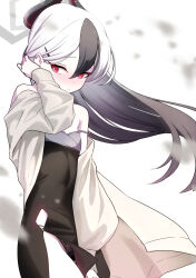 1girl absurdres averting_eyes black_dress black_hair black_horns black_panties blue_archive blurry blurry_foreground blush brown_jacket closed_mouth commentary_request demon_horns dress floating_hair gradient_hair hair_between_eyes halo highres horns jacket kayoko_(blue_archive) kayoko_(dress)_(blue_archive) lace lace_panties long_hair long_sleeves multicolored_hair off_shoulder official_alternate_costume official_alternate_hairstyle open_clothes open_jacket panties pantyshot red_eyes sayu_mypace side_slit solo standing tucking_hair underwear variant_set white_hair