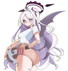 Rule 34 | 1girl, absurdres, ahoge, ass, back, ball, black halo, blue archive, breasts, demon girl, demon horns, demon wings, gym uniform, halo, highres, hina (blue archive), hisi 978, holding, holding ball, horns, long hair, looking at viewer, purple eyes, small breasts, standing, very long hair, white hair, wings