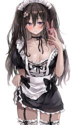 1girl apron black_choker black_dress black_garter_straps black_hair blush breasts cellphone choker clothes_lift collarbone commentary dress dress_lift flower garter_straps hair_between_eyes hair_flower hair_ornament highres holding holding_phone lifting_own_clothes long_hair maid mole mole_on_breast original petticoat phone phone_with_ears purple_eyes saya_(mychristian2) selfie small_breasts solo sweatdrop symbol-only_commentary thighhighs two_side_up very_long_hair white_apron white_thighhighs
