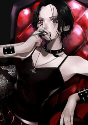 1girl absurdres aegyo_sal bare_shoulders belt_collar black_collar black_hair black_nails black_tank_top bracelet breasts chain chain_earrings chair cigarette cleavage collar collarbone ear_piercing elbow_rest eyelashes fingernails grey_eyes highres holding holding_cigarette jewelry long_fingernails mano_aaa medium_breasts multiple_rings nana_(series) nose on_chair osaki_nana parted_bangs piercing plaid_clothes plaid_skirt planet_necklace punk red_skirt ring short_hair sitting skirt smoke smoke_trail smoking solo spiked_bracelet spiked_collar spikes tank_top upper_body vivienne_westwood