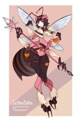 Rule 34 | 1girl, antennae, arthropod girl, arthropod limbs, arthropod tail, bee girl, brown hair, capelet, claws, commentary, commission, english commentary, extra arms, extra eyes, full body, heterochromia, highres, holding, holding staff, insect girl, insect wings, looking at viewer, monster girl, original, pigeon-toed, pink background, pink eyes, pouch, red eyes, ruteko (ruko220), short hair, skeb commission, solo, staff, thigh pouch, wings