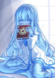 Rule 34 | 1girl, animal ears, blue bow, blue eyes, blue hair, blue skin, book, bow, breasts, collar, colored skin, curss, dress, highres, holding, holding book, looking at viewer, melting, monster girl, original, see-through body, short hair, sitting, slime (substance), slime girl, small breasts, solo, white arm warmers, white dress