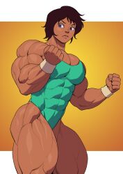 1girl breasts cleavage dark-skinned_female dark_skin dirty_pair facial_mark female_focus forehead_mark large_breasts leotard muscular muscular_female pokkuti purple_eyes sandra_guts short_hair solo thick_thighs thighs wristband
