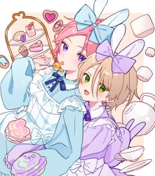 2boys animal_ears apron aqua_bow backpack bag blonde_hair blue_ribbon bow candy cup ensemble_stars! food frilled_apron frills green_eyes hair_between_eyes highres holding holding_candy holding_food holding_lollipop hug hug_from_behind lollipop lollipop_in_mouth long_sleeves looking_at_viewer male_focus multiple_boys open_mouth oukawa_kohaku pink_hair purple_bag purple_bow purple_eyes rabbit_ears ribbon shiratori_aira_(ensemble_stars!) shisokonbu short_hair sleeves_past_wrists smile teacup teapot tiered_tray