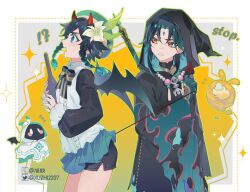 Rule 34 | !?, 2boys, alternate costume, aqua eyes, aqua hair, aqua skirt, barbatos (genshin impact), bat wings, beret, black cloak, black hair, black shorts, bottle, bow, bowtie, braid, cloak, cowboy shot, demon horns, facial mark, flower, forehead mark, frilled shirt, frills, from side, genshin impact, gloves, gradient hair, green gloves, green headwear, hair flower, hair ornament, halloween costume, hat, high collar, holding, holding bottle, hood, hooded cloak, horns, jewelry, lofter username, male focus, microskirt, multicolored hair, multiple boys, necklace, open mouth, pearl necklace, pulling tail, red horns, shirt, short shorts, shorts, simple background, skirt, sweatdrop, twin braids, twitter username, two-tone hair, venti (genshin impact), white flower, white shirt, wine bottle, wings, xiao (genshin impact), zengzhi zhixu