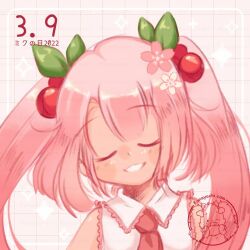 39 cherry_hair_ornament closed_eyes collared_shirt cropped_shoulders flower food-themed_hair_ornament grid_background hair_flower hair_ornament hatsune_miku konayachi long_hair miku_day necktie pale_skin pastel_colors pink_background pink_hair pink_necktie sakura_miku shirt signature sleeveless smile twintails upper_body very_long_hair vocaloid watermark white_shirt