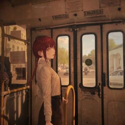 bad_link black_necktie braid braided_ponytail car chainsaw_man city cyrillic door formal_clothes from_side looking_at_viewer looking_to_the_side makima_(chainsaw_man) motor_vehicle necktie realistic red_hair road shirt shirt_tucked_in sticker street turning_head upper_body white_shirt yellow_eyes