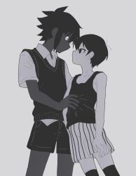 Rule 34 | 2boys, antenna hair, bare arms, bare shoulders, collarbone, collared shirt, commentary, cosplay, cowboy shot, empty eyes, eye contact, face-to-face, from below, frown, grey background, greyscale, hair behind ear, hair between eyes, hand on another&#039;s stomach, highres, looking at another, male focus, monochrome, multiple boys, no pupils, no sclera, omori, omori (omori), profile, saji neko, shirt, short hair, short sleeves, shorts, sidelocks, simple background, standing, stranger (omori), sunny (omori), sunny (omori) (cosplay), sweater vest, symbol-only commentary, tank top, thighhighs