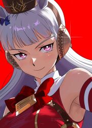 1girl animal_ears armband bare_shoulders blunt_bangs bow bowtie brown_hat close-up closed_mouth ear_covers ear_ribbon gold gold_ship_(umamusume) guinea499 hat highres horse_ears horse_girl long_hair o-ring pillbox_hat pink_eyes red_background red_bow red_bowtie smile solo sparkle umamusume white_hair
