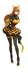 1girl ;) absurdres arms_behind_back bee_costume black_boots black_capelet black_dress black_shirt blue_eyes boots breasts brown_pantyhose capelet dress fake_antennae full_body gradient_sleeves highres jewelry large_breasts leaning_forward lee_joo-hee long_hair looking_at_viewer official_alternate_costume official_art one_eye_closed orange_dress orange_hair pantyhose puffy_short_sleeves puffy_sleeves shirt short_sleeves smile solo solo_leveling solo_leveling:_arise striped_clothes striped_dress thighlet transparent_background very_long_hair wing_collar yellow_sleeves