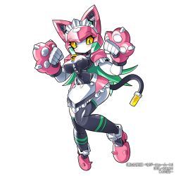 Rule 34 | 1girl, aku no onna kanbu: perigee new moon, animal ears, animal hands, apron, breasts, cable, cable tail, cat ears, cat paws, clenched hands, copyright name, highres, kouichi (kouichi-129), leg up, looking down, lotte (aku no onna kanbu), maid apron, maid headdress, mechanical ears, mechanical skirt, mechanical tail, medium breasts, official art, robot, tail, watermark, yellow eyes