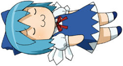 1girl :3 aramaki_scaltinof bad_source blue_bow blue_dress blue_hair blue_shoes bow cirno closed_eyes closed_mouth commentary_request dress furrowed_brow hair_bow ice ice_wings lowres lying maso_(ascii_art) neck_ribbon no_nose on_back puffy_short_sleeves puffy_sleeves red_ribbon ribbon shoes short_hair short_sleeves simple_background socks solo teruyof touhou u_u white_background white_socks wings