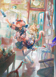 Rule 34 | 2girls, absurdres, ahoge, animal, animal ears, arknights, arm up, bandaid, bandaid on hand, black collar, black hairband, black jacket, black skirt, blonde hair, bottle, braid, cat, cat ears, cat girl, ceiling light, chair, checkered floor, collar, comb, commentary, couch, cushion, daylightallure, floating, floating liquid, floating object, floppy ears, full body, garter straps, goldenglow (arknights), grey shirt, hair salon, hairband, hand mirror, highres, holding, holding animal, holding cat, indoors, infection monitor (arknights), jacket, lightning bolt print, long hair, long sleeves, mirror, multiple girls, object in pocket, open door, open mouth, orange eyes, perfume bottle, pink hair, pink jacket, pink shoes, pocket, pulverizer, quercus (arknights), rhodes island logo (arknights), scissors, scottish fold, shirt, shoes, short hair, skirt, sneakers, standing, standing on one leg, thighhighs, white thighhighs, window, yellow eyes