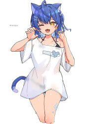1girl ahoge amamiya_kokoro animal_ears bikini bikini_under_clothes black_bikini blue_hair breasts cat_ears cat_girl cat_tail fang highres looking_at_viewer medium_breasts neko_kai-san nijisanji one_eye_closed open_mouth paw_pose shirt simple_background solo swimsuit tail thighs virtual_youtuber wet wet_clothes wet_shirt white_background yellow_eyes