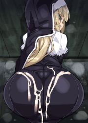 1girl ass bent_over black_dress blonde_hair capelet closed_mouth commentary_request cum cum_on_ass cum_on_body cum_on_clothes dress grey_eyes habit kanikama long_hair looking_at_viewer looking_back nijisanji nun profile sister_claire sister_claire_(1st_costume) smile solo steam traditional_nun veil virtual_youtuber white_capelet