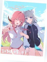 2girls absurdres animal_ears aru_(blue_archive) blue_archive blue_eyes blue_halo blue_jacket breasts buruma dated demon_girl demon_horns grey_hair gym_uniform halo heterochromia highres horns jacket large_breasts long_hair medium_hair mill_bbang multicolored_jacket multiple_girls red_buruma red_eyes red_hair red_halo red_shorts shiroko_(blue_archive) shirt short_shorts shorts thighs track_jacket two-tone_jacket v white_jacket white_shirt wolf_ears wolf_girl