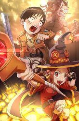 Rule 34 | absurdres, bandages, belt, brown belt, brown cape, cape, collarbone, commentary, commentary request, cosplay, dlgoalsdash, dress, eren yeager, eren yeager (cosplay), explosion, eyepatch, highres, holding, holding staff, kaji yuuki, karakai jouzu no takagi-san, kono subarashii sekai ni shukufuku wo!, long sleeves, megumin, megumin (cosplay), nishikata, off-shoulder dress, off shoulder, open mouth, red dress, red footwear, shingeki no kyojin, short dress, staff, takagi-san, takahashi rie, teeth, titan (shingeki no kyojin), tongue, tongue out, voice actor connection