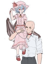 1boy 1girl absurdres bat_wings black_pants blush bobby_socks carrying carrying_over_shoulder carrying_person chain chain_leash collar collared_shirt fangs femdom frilled_hat frilled_shirt frilled_skirt frilled_sleeves frilled_socks frills hair_between_eyes hand_on_another&#039;s_leg hat hat_ribbon highres holding holding_leash leash long_sleeves looking_at_another mob_cap pants parted_lips pink_hat pink_shirt pink_skirt puffy_short_sleeves puffy_sleeves purple_hair red_collar red_eyes red_ribbon red_shoes remilia_scarlet ribbon shirt shirt_tucked_in shoes short_hair short_sleeves simple_background skirt skirt_set sleeves_rolled_up slit_pupils smile socks solo touhou white_background white_shirt white_socks wing_hug wings youpofen