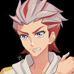 1boy black_background black_eyes commentary_request grey_hair homura_takeru looking_at_viewer male_focus multicolored_hair pomiwo red_hair short_hair solo spiked_hair teeth two-tone_hair v-shaped_eyebrows yu-gi-oh! yu-gi-oh!_vrains