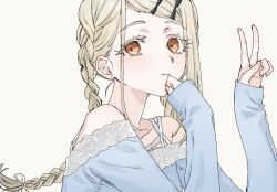 1girl bare_shoulders blonde_hair blue_shirt fanged_bangs gakuen_idolmaster hair_ornament hairclip idolmaster light_smile long_hair long_sleeves looking_at_viewer ne_mu_ko05 off-shoulder_shirt off_shoulder orange_eyes shinosawa_hiro shirt simple_background solo swept_bangs thick_eyelashes upper_body v yellow_background