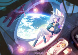 1girl aircraft an2a animal_ear_hairband animal_ears blue_bra blue_hair blue_skirt blue_socks bra breasts character_request collarbone earth_(planet) fake_animal_ears gradient_hair green_shirt hairband head_on_pillow highres indoors light_bulb looking_outside looking_to_the_side lying model multicolored_hair on_back original parted_lips pillow planet pleated_skirt purple_eyes purple_hair rabbit_ear_hairband rabbit_ears shadow shirt skirt small_breasts socks solo space spacecraft stomach table thighhighs underwear white_thighhighs window