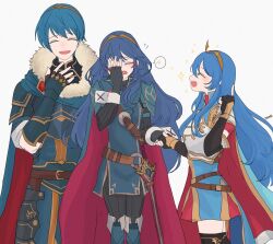 1boy 2girls ancestor_and_descendant armor belt black_gloves blue_cape blue_dress blue_hair breastplate brown_belt caeda_(fire_emblem) caeda_(marth&#039;s_faithful)_(fire_emblem) cape closed_eyes dress falchion_(fire_emblem) fingerless_gloves fire_emblem fire_emblem:_mystery_of_the_emblem fire_emblem_awakening fire_emblem_heroes fur_trim gloves hand_on_own_face highres holding_hands index_finger_raised long_hair lucina_(fire_emblem) marth_(fire_emblem) multiple_girls nintendo official_alternate_costume open_mouth red_cape sasaki_(dkenpisss) sheath sheathed short_hair shoulder_armor spoken_blush sword tiara two-tone_cape weapon
