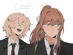Rule 34 | 2girls, @ @, bananafuckyou 0, black necktie, black suit, blush, bow, closed eyes, closed mouth, doki doki literature club, formal clothes, green eyes, hair bow, high collar, highres, laughing, long hair, looking to the side, medium hair, monika (doki doki literature club), multiple girls, necktie, open mouth, red hair, sayori (doki doki literature club), shirt, simple background, suit, teeth, upper body, upper teeth only, white background, white bow, white shirt