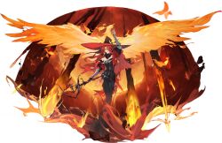 1girl absurdres arm_up bird black_dress border dress feathers fireball game_cg gloves hair_over_one_eye hat highres holding holding_staff light_smile long_hair luvata_(sword_of_convallaria) mage_staff non-web_source off-shoulder_dress off_shoulder official_art parted_lips red_eyes red_hair single_glove solo staff sword_of_convallaria transparent_border witch_hat