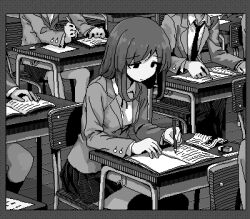 1boy 3girls blazer book chair classroom closed_mouth collared_shirt desk eraser greyscale hamsterfragment holding holding_pencil indoors jacket jaggy_lines lapels long_sleeves lowres medium_hair miniskirt monochrome multiple_girls neck_ribbon necktie notched_lapels notebook on_chair open_book open_clothes open_jacket original pants pencil pleated_skirt ribbon school_chair school_desk school_uniform shirt sitting skirt solo_focus suicidal_girl_(hamsterfragment) wooden_floor writing