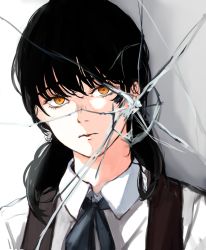 1girl areyson black_hair chainsaw_man collared_shirt crack cracked_glass dress highres mitaka_asa pinafore_dress portrait shirt sleeveless sleeveless_dress solo twintails yellow_eyes