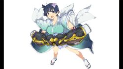 1girl absurdres aqua_kimono bare_legs black_sandals blue_eyes blue_hair breasts floral_print floral_print_kimono flower gauntlets hair_flower hair_ornament highres japanese_clothes kimono large_breasts non-web_source official_art open_mouth pillarboxed power_fist print_kimono sandals senran_kagura senran_kagura_burst_re:newal short_hair socks solo white_background white_socks yaegashi_nan yozakura_(senran_kagura)