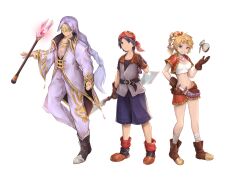 1girl 2boys belt black_shoes blonde_hair blue_eyes blue_hair blue_shorts braid breasts brown_belt brown_gloves brown_shoes chrono_cross commentary_request full_body gloves gold_trim grey_hair grin guile_(chrono_cross) gurugurere hand_on_own_hip highres jewelry kid_(chrono_cross) long_hair long_sleeves mask medium_breasts midriff multiple_boys navel necklace pants radical_dreamers red_shoes red_shorts serge_(chrono_cross) shoes short_hair shorts simple_background smile staff stomach very_long_hair weapon white_background white_pants