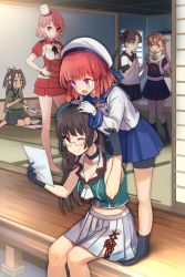 6+girls ayanami_(kancolle) bike_shorts black_hair black_legwear black_skirt blonde_hair blue_skirt brown_hair choukai_(kancolle) commentary_request etorofu_(kancolle) giuseppe_garibaldi_(kancolle) glasses japanese_clothes kantai_collection long_hair military military_uniform mugishima_(mugishim4) multiple_girls one_eye_closed pleated_skirt ponytail reading red_hair red_skirt school_uniform serafuku short_hair side_ponytail sitting skirt sliding_doors socks standing tatami veranda white_skirt yuudachi_(kancolle) zuihou_(kancolle)