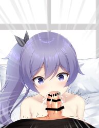 Rule 34 | 1boy, 1girl, argentum 2o, bar censor, blush, censored, cum, cum in mouth, fellatio, hetero, highres, indoors, long hair, looking at viewer, motion lines, ongeki, oral, penis, pov, purple eyes, ribbon, solo focus, speed lines, takase rio, veins, veiny penis, window blinds