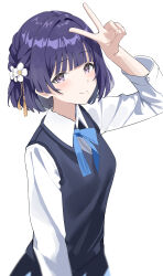 1girl absurdres aweqdre black_overskirt black_vest blue_ribbon blunt_bangs blush commentary_request flower gakuen_idolmaster hair_flower hair_ornament hataya_misuzu hatsuboshi_gakuen_school_uniform highres idolmaster long_sleeves looking_at_viewer mole mole_under_mouth neck_ribbon purple_eyes purple_hair ribbon school_uniform shirt short_hair simple_background smile solo v vest white_background white_shirt