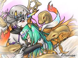 2girls aqua_hair blonde_hair closed_mouth facial_mark fire_emblem fire_emblem_heroes gradient_hair grey_hair grimaisbestwaifu gullveig_(fire_emblem) gullveig_(seer_beyond_time)_(fire_emblem) heidr_(fire_emblem) horns hug long_hair mixed-language_commentary mother_and_daughter multicolored_hair multiple_girls nintendo official_alternate_costume orange_eyes pale_skin profile purple_hair signature single_horn snake snake_hair twintails very_long_hair