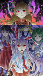 5girls animal_ears apron ascot bare_shoulders black_dress black_hair blonde_hair blue_ascot blue_skirt boots bow carrot commentary_request detached_sleeves dress earth_(planet) energy frog_hair_ornament glaring gohei green_eyes green_hair hair_bow hair_ornament hair_tubes hakurei_reimu hat highres junko_(touhou) kirisame_marisa kochiya_sanae legacy_of_lunatic_kingdom long_hair looking_at_viewer lunatic_gun medium_hair multiple_girls necktie open_mouth orange_skirt otomeza_ryuseigun phoenix_crown planet purple_hair rabbit_ears rabbit_tail red_bow red_eyes red_necktie red_skirt red_tabard reisen_udongein_inaba shirt short_sleeves skirt tabard tail touhou waist_apron white_shirt wide_sleeves yellow_eyes