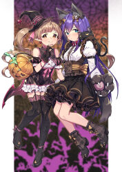 2girls absurdres ahoge animal_ear_fluff animal_ears animal_hands aqua_eyes arm_belt back_bow bat_background black_dress black_footwear black_gloves black_headwear black_thighhighs blush boots bow brown_bow brown_dress brown_eyes brown_footwear commentary_request demon_wings detached_sleeves dress expressionless fang fingerless_gloves flat_chest frilled_dress frills full_body garter_straps gloves hair_between_eyes hair_bow hakozaki_serika halloween halloween_bucket hand_up hat highres idolmaster idolmaster_million_live! juliet_sleeves layered_skirt legs light_brown_hair long_hair long_sleeves looking_at_viewer low_wings mochizuki_anna multiple_girls paw_gloves pink_ribbon puffy_sleeves purple_hair ribbon shennai_misha shirt skirt smile spider_web_background spider_web_print tail thighhighs thighs twintails white_shirt wings witch_hat wolf_ears wolf_tail