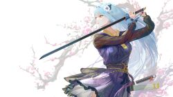1girl absurdres biryu_soso blue_hair hair_ornament hairpin highres korean_clothes long_hair non-web_source original see-through_clothes see-through_sleeves yellow_eyes