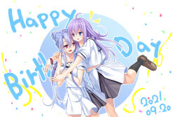 2021 2girls :3 :d ahoge ascot black_ascot black_socks blue_eyes blue_hair braid brown_shoes commentary_request confetti cowboy_shot crown_braid dated eyes_visible_through_hair floating_hair hair_between_eyes hair_bun hand_up happy happy_birthday highres hug hug_from_behind kneehighs loafers long_hair looking_at_another miniskirt multiple_girls notice_lines open_mouth outline puffy_short_sleeves puffy_sleeves purple_hair red_eyes sailor_collar school_uniform serafuku shirt shoes shootinghaze short_sleeves siblings simple_background single_hair_bun sisters skirt smile socks sorakado_ai sorakado_ao standing standing_on_one_leg summer_pockets summer_pockets_school_uniform twins very_long_hair white_background white_outline white_sailor_collar white_serafuku white_shirt white_skirt