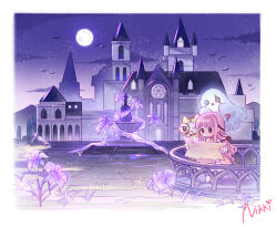 &gt;_o 1girl :o ? animal ankle_socks artist_request assault_lily bare_shoulders black_bow black_ribbon blunt_bangs border bow bow_choker bowtie bra_strap castle cat chibi chinese_commentary choker cloak clothed_animal cloud commentary_request confused copyright_name ear_covers flower frilled_skirt frilled_sleeves frills full_moon ghost hair_bow hair_ribbon highres holding holding_magnifying_glass holding_map hood hood_up hooded_cloak infinity_nikki instrument layered_skirt light_blush light_particles long_hair long_sleeves low_twintails magnifying_glass map medium_skirt momo_(nikki) moon night nikki_(nikki) nikki_(series) off-shoulder_shirt off_shoulder official_art one_eye_closed outdoors pink_bow pink_bowtie pink_choker pink_hair pink_shoes pink_skirt puffy_long_sleeves puffy_sleeves purple_flower purple_sky reading red_bow red_bowtie ribbon second-party_source shirt shoes sidelocks single_stripe skirt sky socks standing statue striped_bow striped_bowtie striped_choker striped_clothes tareme traditional_bowtie tress_ribbon twintails very_long_hair violin wavy_hair whiskers white_border white_cat white_shirt white_skirt white_socks yellow_cloak
