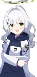 1girl :d absurdres blue_archive blush commentary_request cross_hair_ornament green_eyes hair_intakes hair_ornament halo hare_(blue_archive) highres lab_coat lapels long_hair looking_at_viewer notched_lapels open_mouth partial_commentary simple_background smile solo tablet_pc tawashi_(hoisassa) white_background white_hair yellow_halo