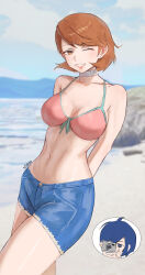 Rule 34 | 1boy, 1girl, absurdres, arms behind back, artist name, bare shoulders, beach, bikini, bikini top only, blue hair, blue shorts, blue sky, blurry, blurry background, breasts, brown eyes, brown hair, camera, choker, cleavage, cloud, cloudy sky, collarbone, commentary, cowboy shot, denim, denim shorts, earrings, english commentary, flipped hair, frayed shorts, front-tie bikini top, front-tie top, halterneck, heart, heart choker, highres, holding, holding camera, jewelry, looking at viewer, medium breasts, mountainous horizon, n7grey, navel, ocean, official alternate costume, one eye closed, outdoors, parted lips, persona, persona 3, pink bikini, sand, short hair, short shorts, shorts, sky, smile, stomach, stud earrings, summer, swimsuit, takeba yukari, thumbs up, white choker, yuuki makoto (persona 3)