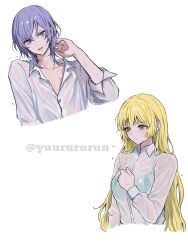 Rule 34 | 1boy, 1girl, alternate hairstyle, blonde hair, blunt bangs, bra, breasts, closed mouth, fire emblem, fire emblem: three houses, green bra, green eyes, hair between eyes, hand on own chest, hand on own neck, highres, ingrid brandl galatea, light blush, long hair, long sleeves, medium breasts, nintendo, open mouth, purple eyes, purple hair, shirt, simple background, twitter username, underwear, upper body, very long hair, wet, wet clothes, wet hair, wet shirt, white background, yuri leclerc, yuurururun