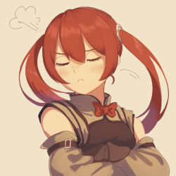 1girl bare_shoulders bow bowtie brown_gloves closed_eyes closed_mouth crossed_arms detached_sleeves fire_emblem fire_emblem_awakening frown gloves hair_between_eyes highres karugamo_(rhmy8554) long_hair nintendo puff_of_air red_bow red_bowtie red_hair severa_(fire_emblem) solo twintails upper_body