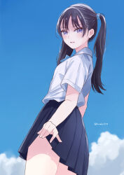 Rule 34 | 1girl, black hair, blue skirt, blue sky, blush, bow, bowtie, breasts, clothes lift, cloud, cloudy sky, collared shirt, hair ornament, hondahiro, long hair, looking at viewer, open mouth, original, pleated skirt, purple eyes, school uniform, shirt, short sleeves, skirt, skirt lift, sky, smile, solo, twintails, white shirt