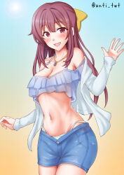 1girl anti_(untea9) bikini bikini_under_clothes blue_bikini bow breasts cowboy_shot gradient_background hair_bow highres jacket jewelry kamikaze_(kancolle) kantai_collection long_hair long_sleeves looking_at_viewer medium_breasts multicolored_bikini necklace open_mouth purple_eyes purple_hair shorts smile solo swimsuit twitter_username two-tone_bikini white_bikini white_jacket yellow_background yellow_bow